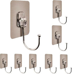 DME SALES Heavy Duty Self Adhesive Wall Hooks | Waterproof PVC Sticky Hooks Stainless Steel Big Hooks for Home Storage Bathroom Kitchen | Silver Multipurpose 10KG Capacity (Golden Hook 10-pcs)