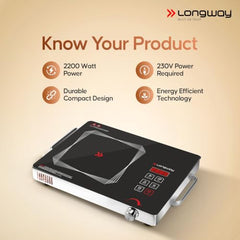 Longway Infralite Pro 2200W Infrared Hot Plate Cooktop with Steel Grill Rack, Crystal Glass Top, Touch Panel & Digital Display, 4 Preset Modes – Stir Fry, BBQ, Hot Pot & Steam, Black
