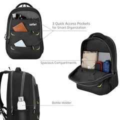 Safari Omega spacious/large laptop backpack with Raincover, college bag, travel bag for men and women, Black, 30 Litre
