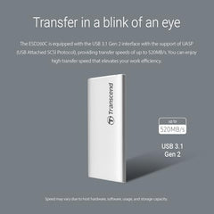 Transcend 500GB External SSD USB 3.1 Gen 2, Type-C, ESD260C Portable External Solid-State Drive, Silver - TS500GESD260C
