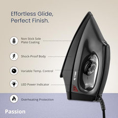 IBELL PASSION 1000W Iron Box with 3 Years Warranty, Non-Stick Soleplate Dry Iron, Shock-Proof Body, Variable Temperature Control, Overheating Protection (Black)