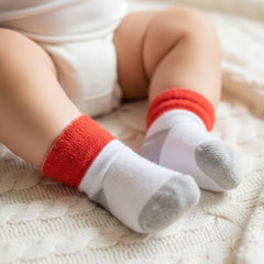 MOMISY Baby Socks 5 Pairs, Mixed Design Striped Tube Socks for Toddlers and Infants, Boys and Girls, Spring and Autumn (IN, Age, 0 Months, 6 Months, Red)