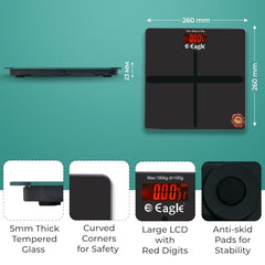 Eagle Weight Machine for Body Weight with 180 kg Capacity & 100 g Accuracy, Digital Bathroom Weighing Scale with 5mm Thick Tempered Glass, LCD Display, Anti-Skid & 2 Year Warranty, Black, EEP-1000A