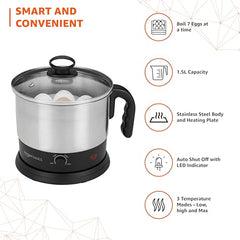 Amazon Basics Multi-Kettle Steamer 1.2L | Adjustable Power Modes 600 W | 7 - Egg Tray, Idli Tray, Iron Grill And Steamer | SS 201 Steel | Automatic Overheat Protection | Multipurpose Kettle
