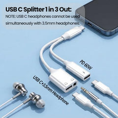 Verilux 3 in 1 Type C to 3.5mm Audio Splitter Headphone Adapter 60W PD
