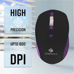 ZEBRONICS Zeb-Jaguar Wireless Mouse, 2.4GHz with USB Nano Receiver, High Precision Optical Tracking, 4 Buttons, Plug & Play, Ambidextrous, for PC/Mac/Laptop (Black+Grey)