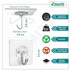JIALTO Adhesive Hooks, Heavy Duty 5 kg Wall Hooks, Nail-Free Reusable Stainless Steel Sticky Hangers for Multipurpose Kitchen, Bathroom & Home (10 Pcs)