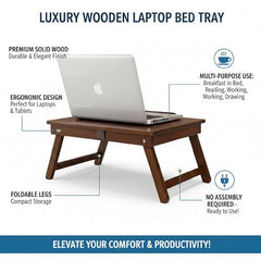 INTRAHAUS Wooden Extra Large Multi Tasking Height Adjustable Foldable Laptop Table Portable Study Writing Desk for Bed Sofa Home Office Use Walnut Color Wide Surface Design