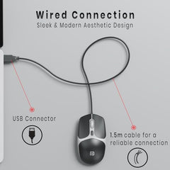 Portronics Toad 103 Wired Optical Mouse with 2400 DPI, Plug & Play, Ambidextrous, Hi-Optical Tracking, 1.5M Cable Length, 30 Lakhs Click Life, Ergonomic Mouse for Comfortable All-Day Grip (Black)