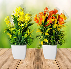 Asharya® Artificial Flower Plants for Home Décor – Set of 4 Mini Potted Plants (7 Inch) in White Pots | Pink, Yellow, Red & Blue Faux Flowers for Living Room, Office, Indoor Outdoor Decoration