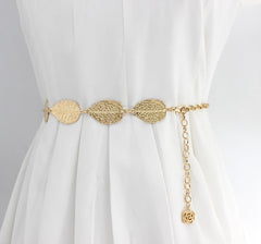 SYGA Women's Dress Waist Chain Metal Leaf Hook Chain Simple Decorative Thin Belt(Gold)