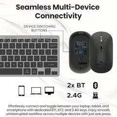 Amkette Wi-Key Mini 2 (3in1) Multi-Device Wireless Keyboard and Mouse Combo, Scissor Keys, One-Click Device Switching, Dual OS Layout, 3200 DPI Mouse, macOS, Windows, Android & iOS Compatible, Grey