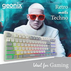 GEONIX Vintage KB4 Retro Style Chiclet Style Keyboard with 87 Keys, Rainbow Backlight, PVC Cable, Durable Body, Compact & Slim Design (White Grey)