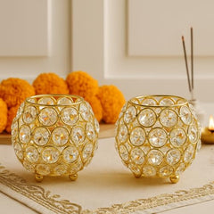 CentraLit Pack of 2 Tea Light Crsytal Candle Holder - Pooja Diya Decoreation Items for Home Diwali Brass Puja Item Unique Christams Diwali Gift Diya Lantern Items Home Decor Candle Light