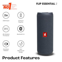 JBL Flip Essential 2, Wireless Portable Bluetooth Speaker with Deep Base, IPX7 Water & Dustproof (Without Mic, Black)