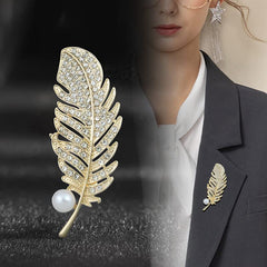 SYGA Brooch Feather Fashion Crystal Rhinestone Jewellery Pin Vintage Accessories Decoration Clothing Brooches for Bridal Women Girl - Feather Gold