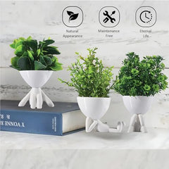 Kuber Industries 3 Pcs Set Plastic Mini Artificial Plants with Pot | Table Top & TV Unit Decorative Items for Living Room | Faux Plants for Home Decor & Office Desk | Man Shape - Black