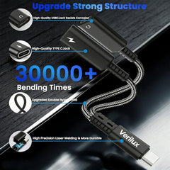 Verilux 3 in 1 Type C to 3.5mm Audio Splitter Headphone Adapter 60W PD