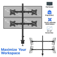 UNIQ Mounts™ 4 Screen Monitor Mount for 13''-27'' Screens, Heavy Duty with 180° Swivel, 360° Rotation, +90°-85° Tilt, VESA 75x75/100x100, 8kg Weight Capacity per Arm,Clamp + Grommet