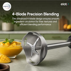 Wipro Elato FMB 204 Hand Blender with Chopper and Whisk|Powerful 200 Watt Copper Motor With Rust Free Steel Arm|3 in1 Multi-functional Mode|Four In One Blade-Churn, Whip,& Blend|Black|2- Year Warranty