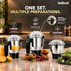 Indicon Rover 1350W Copper Motor Mixer Grinder with 4 Jars (3 Stainless Steel + 1 Juicer Jar), 3-Speed Control, Heavy Duty Grinding & Blending for Kitchen, Unbreakable ABS Body, Red
