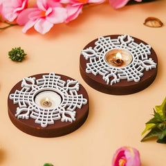 eCraftIndia Wooden Floral Printing Block Decorative Tea Light Candle Holders (Set of 12, Green White) Diwali Christmas Decorations Items for Home Office Christmas Gifts for Women Men Family Friend