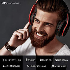 PowerLocus Samsung Bluetooth over-Ear , Wireless Stereo Foldable Headphones with Mic and Micro SD Card for All Smartphones (Black/Red)