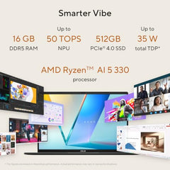ASUS Vivobook S16 (2026),Smartchoice,AMD Ryzen AI 5 330,AMD Radeon iGPU,16GB RAM (Upgradeable),512GB SSD,FHD,OLED,16"(40 cm),Win 11,M365 Basic(1Y),Office 24,BFF Peachy,1.7 Kg,M3607KA-SH147WS,AI Laptop