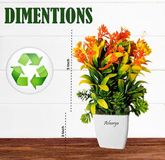Asharya® Artificial Flower Plants for Home Décor – Set of 4 Mini Potted Plants (7 Inch) in White Pots | Pink, Yellow, Red & Blue Faux Flowers for Living Room, Office, Indoor Outdoor Decoration