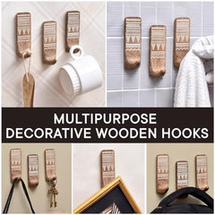 IndianShelf 6 Decorative Wood Adhesive Wall Hooks No Drill - Fork Art | Handmade, Renter Friendly, Waterproof, Reusable, Peel and Sticky Hooks for Keys, Towel, Bags, Light Coat, Jewelry, 10Lb Load