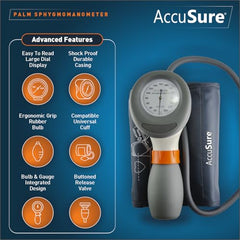AccuSure XP-01 Palm-Style Aneroid Sphygmomanometer BP Monitor | Single-Hand Operation | Bladderless Cuff | Portable Manual Blood Pressure Monitor with Pressure Release Button