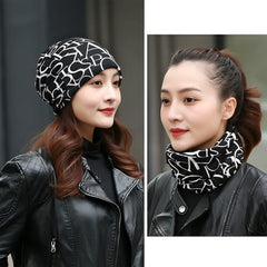 MOMISY Women Unisex Winter Beanie Hat & Neck Warmer | Knitted Multifunctional Scarf Cap with Letter Print | Warm Pullover Hat (in, Alpha, Free Size, AlphabetBlack)