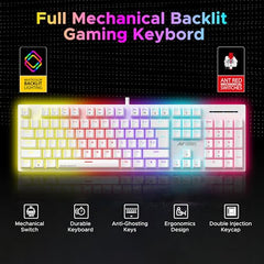 Ant Esports MK3400 Pro V3 Mechanical RGB Gaming Keyboard, 104 Keys-Red Switch, Multicolour Backlit, Anti-Ghosting, USB Wired, Media Keys, 12 LED Modes, for PC, Mac, Windows, Linux – White
