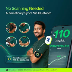 BeatO CGM Continuous Glucose Monitor Device with Nutrition Coach | 2 Consults + 15-Day Diet Plan | Real-Time Blood Sugar Checking Machine | 24/7 Glucose Monitor Device | Bluetooth Connected | Pack of 1