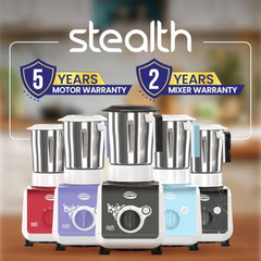 ULTRA Stealth neo MixerGrinder,750W,AISI304 Food Grade SS Jars &Blades,Serrated Stainless Steel Blades,Lesser noise,ABS Body,3Jars Small (0.5L),Medium (0.8L), Large(1.5L), 5Year Motor Warranty