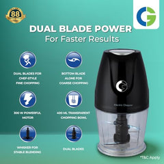 CG - CHADR300 Adrina 300W Electric Vegetable Chopper Cutter, Chop, Mince, Dice, Whisk,Twin Blade, Large 400ML Bowl, OneTouch Operation, Compact Design, 2Yr Manufacturer Replacement Warranty - Black