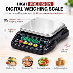 High Precision Digital Kitchen Weighing Scale 10kg Capacity with LED Display | Stainless Steel Platform | Rechargeable Battery & Adapter | Food, Baking & Meal Prep Scale