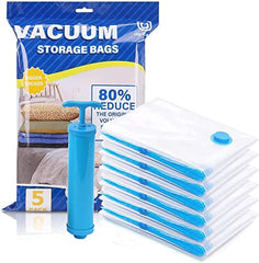 Vacuum Storage Bags for Clothes, Blankets, Comforters, Jackets – 5-Pack Space Saver Compression Bags with Hand Pump – Airtight Resealable Bags for Travel & Home Storage