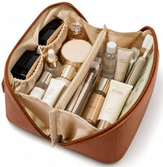 LUMONY® Makeup Pouch Bag Leather Large Capacity Travel Toiletries Organizer Cosmetic Bag with Handle and Divider Multifunctional Makeup Bag for Easy Access Waterproof (Brown)