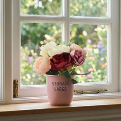 Dekorly Premium Artificial New Rose Flower with Pink Decorative Pot (Storage Large) – 22 cm Faux Flower Arrangement for Home Decor Living Room Bedroom Office Decor (1, Rose)