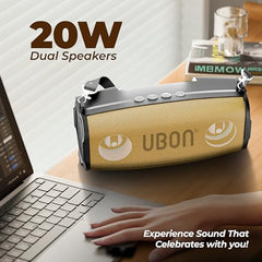 UBON Shahenshah SP-65G, 20 watt Portable Bluetooth Speaker, 10 Hours Long Playtime, RGB Lights, Multiple Connectivity Wireless Party Speaker (Gold)