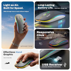 EVM EnGrip Rechargeable Wireless Mouse | 2.4GHz | Type C Charging | 1600 DPI Optical Mouse | LED Lights Ergonomic Mouse | Compatible with Laptop, PC | 1 Year Warranty (EWLM-360-1) Sliver