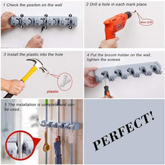 Dargoba Broom Holder Wall Mounted, Mop Holder for Wall, Broom Stick Holder Mounted Stand, Storage Broomstick Brush Mount Organizer with Hanger Hooks (5 Slot 6 Hooks)- Grey, Polypropylene