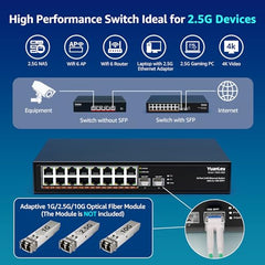 YuanLey 18 Port 2.5G PoE Switch Unmanaged, 16 x 2.5G Base-T PoE Ports, 2 x 10G RJ45 UpLink, IEEE802.3af/at, 250W, Compatible with 100/1000/2500Mbps, Metal Case, 2.5Gbe Network Switch