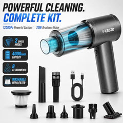 Gesto Car Vacuum Cleaner, 4-in-1 Cordless Handheld Vacuum Cleaner & Air Blower, 12000Pa Portable Mini Vacuum Cleaner for Car, Sofa & Home, 70W Brushless Motor, 4000mAh Battery - 1 Year Warranty