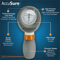 AccuSure XP-01 Palm-Style Aneroid Sphygmomanometer BP Monitor | Single-Hand Operation | Bladderless Cuff | Portable Manual Blood Pressure Monitor with Pressure Release Button