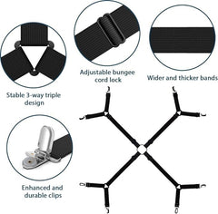 MOMISY Bed Sheet Straps Fasteners Suspenders Grippers Clips, Triangle Shape, Adjustable Crisscross Corner Holder Fit for Twin/Queen/King (Black)