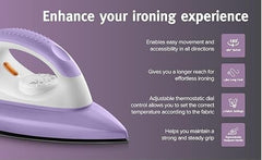 USHA Armor 1100 watts Dry Iron with Shock Proof Plastic Body | Single Coat Black Non Stick Soleplate for Longer Durability|Overheat Safety Shutoff |180° Swivel Cord | 2 Years Warranty|(Purple & White)