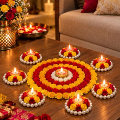 Webelkart Premium Pack of 9 Diwali Decoration Flower Rangoli Diwali Decorative Rangoli with Diya Set, Tea Light Candle Holder Floor Rangoli Festival Decor Home,Deepawali Center 10" and Samll 4" in
