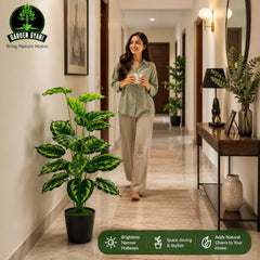 GARDEN GYANI Artificial Areca Palm Plant with Black Pot – 145 cm Tall Faux Tropical Decorative Plant with 35 Leaves for Home, Office & Living Room Décor
